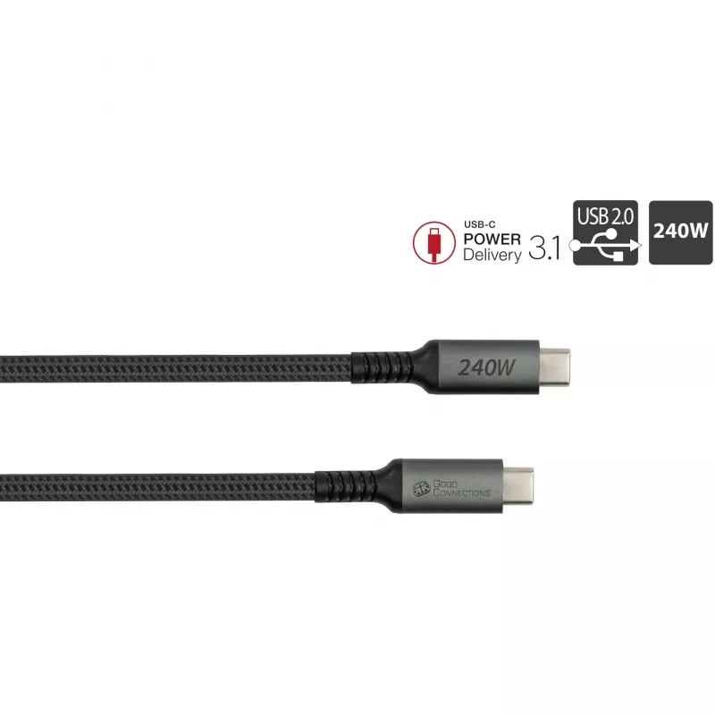 GoodConnections USB-C 2.0 (ST-ST) 3m Savienojuma kabelis ar tekstila apvalku 240W Antracīts