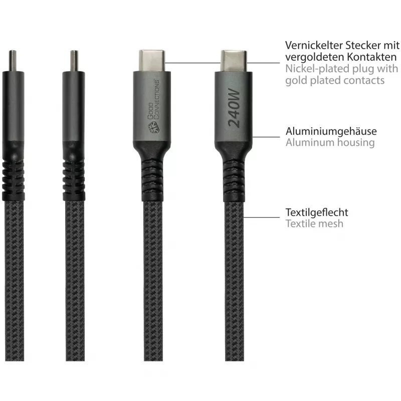 GoodConnections USB-C 2.0 (ST-ST) 3m Savienojuma kabelis ar tekstila apvalku 240W Antracīts