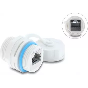 Delock RJ45 savienotājs Cat.6A sievišķais-sievišķais ar M23.5 x 1.5 mm vītni un aizsargvāciņu IP68 putekļu un ūdens izturīgs balts (87156)