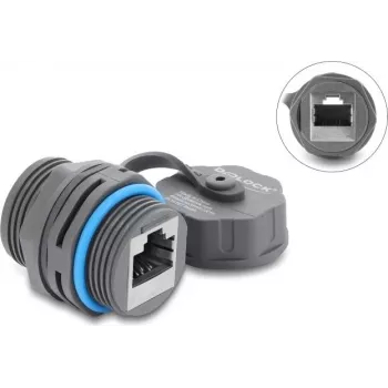 Delock RJ45 sievišķais uz RJ45 sievišķo kabeļa savienotājs Cat.6A ar M23.5 x 1.5 mm vītni un aizsargvāciņu IP68 putekļu un ūdens izturīgs pelēks (87157)