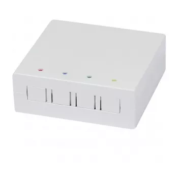 Synergy21 FTTH sienas kaste 4 SC-Simplex vai LC-Duplex savienotājiem, 80x80mm ar kabeļu maršrutēšanu, DIN-sliedes/sienas montāža, termokurpe, balta