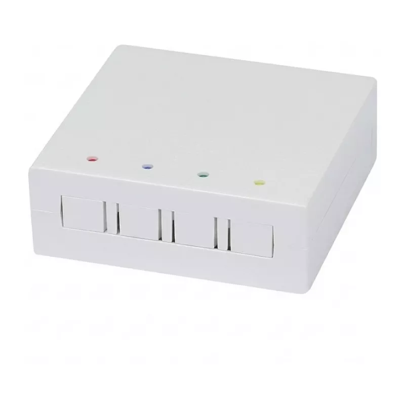 Synergy21 FTTH sienas kaste 4 SC-Simplex vai LC-Duplex savienotājiem, 80x80mm ar kabeļu maršrutēšanu, DIN-sliedes/sienas montāža, termokurpe, balta