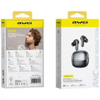 AWEI T229 ANC AI True Wireless Earbuds ar reāllaika tulkošanu, aktīvo trokšņu slāpēšanu, Bluetooth 5.0, IPX4, līdz 20h akumulatora darbības laiks, melns