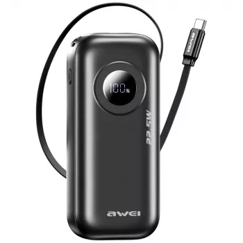 AWEI PowerBank PA-9 10000mAh 22.5W ar ievelkamu kabeli Melns