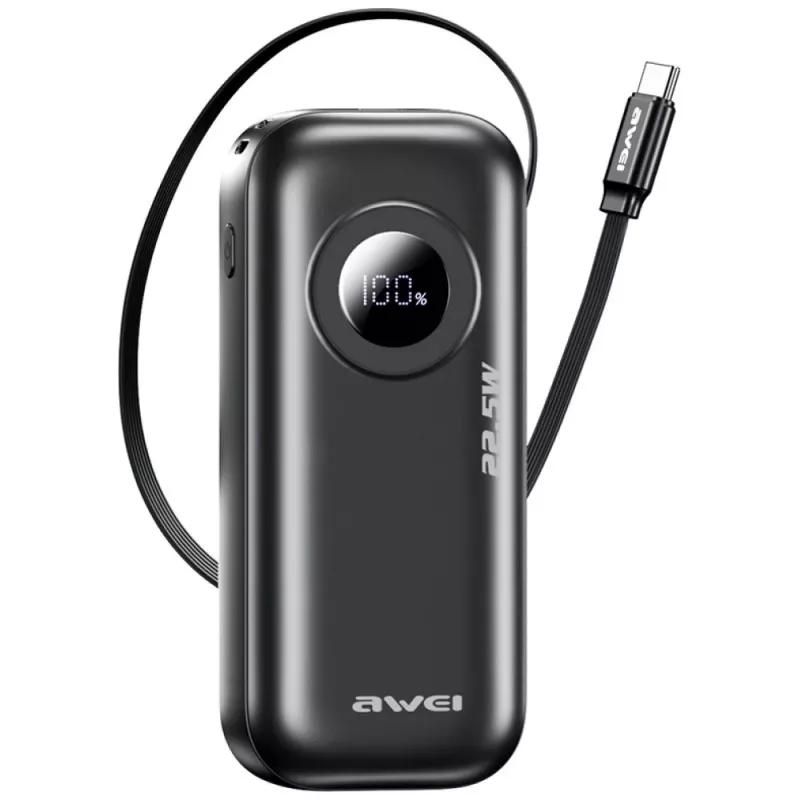 AWEI PowerBank PA-9 10000mAh 22.5W ar ievelkamu kabeli Melns
