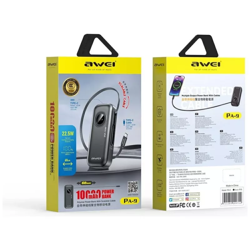 AWEI PowerBank PA-9 10000mAh 22.5W ar ievelkamu kabeli Melns