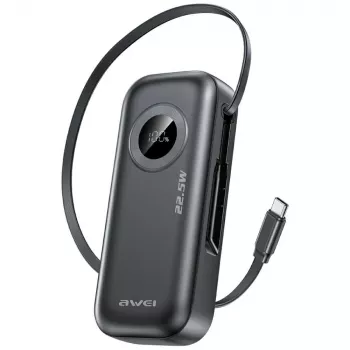 AWEI PowerBank PA-9 10000mAh 22.5W ar ievelkamu kabeli Melns