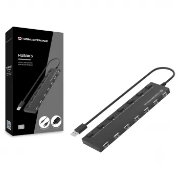 Conceptronic 7-Port USB 2.0 Hub ar barošanas adapteri - Melns (HUBBIES08BP)