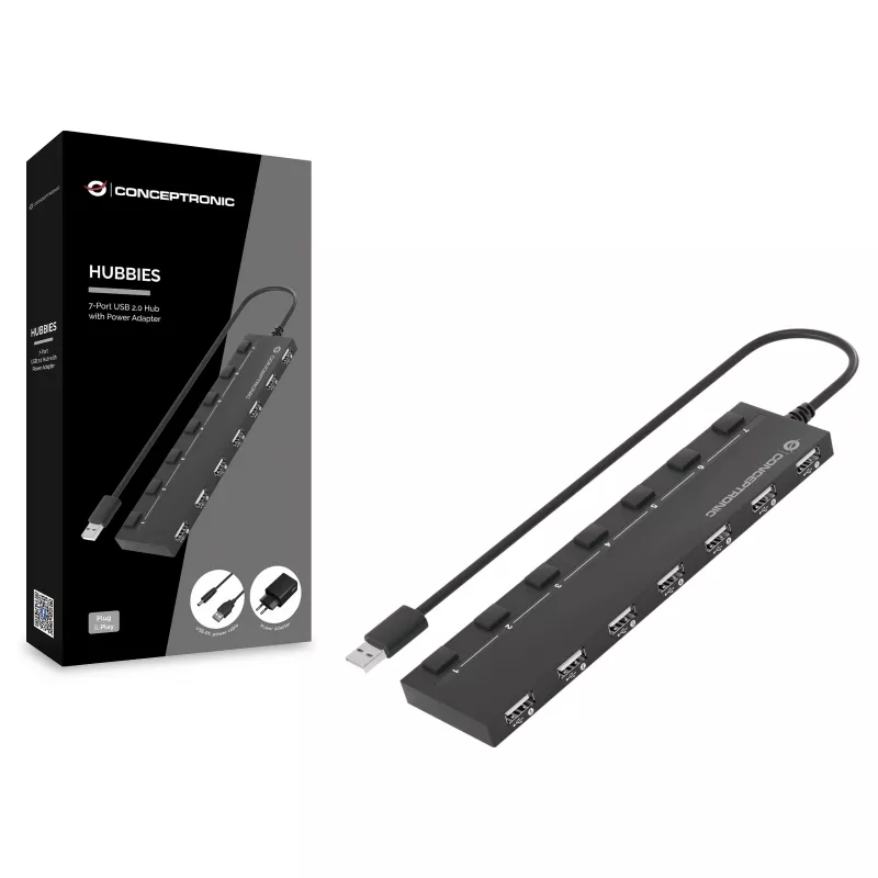 Conceptronic 7-Port USB 2.0 Hub ar barošanas adapteri - Melns (HUBBIES08BP)