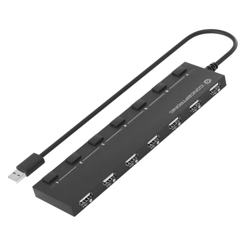 Conceptronic 7-Port USB 2.0 Hub ar barošanas adapteri - Melns (HUBBIES08BP)