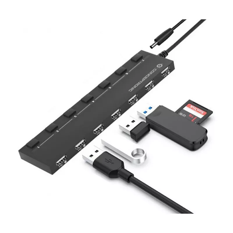 Conceptronic 7-Port USB 2.0 Hub ar barošanas adapteri - Melns (HUBBIES08BP)