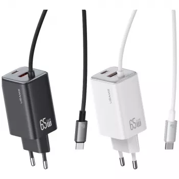 USAMS JC Series CC266 65W GaN Fast Charger 2xUSB-C 1xUSB-A with Built-in USB-C Cable 1.5m White