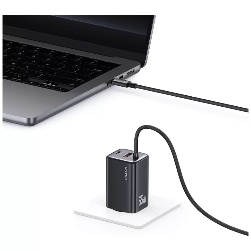 USAMS JC Series CC266 65W GaN Fast Charger 2xUSB-C 1xUSB-A with Built-in USB-C Cable 1.5m White