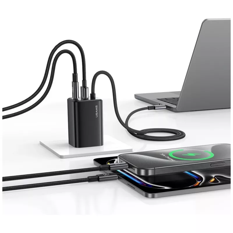 USAMS JC Series CC266 65W GaN Fast Charger 2xUSB-C 1xUSB-A with Built-in USB-C Cable 1.5m White