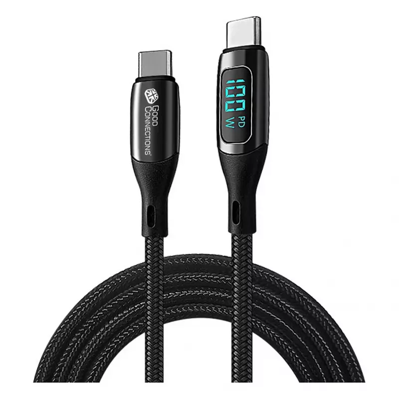 Good Connections USB 2.0 uzlādes un datu kabelis 100W ar digitālo displeju USB-C uz USB-C 1m Melns