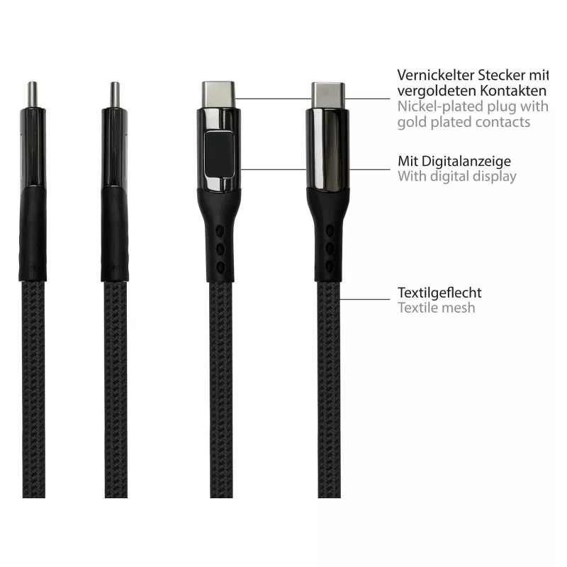Good Connections USB 2.0 uzlādes un datu kabelis 100W ar digitālo displeju USB-C uz USB-C 1m Melns