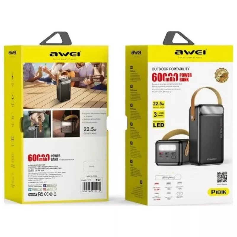 AWEI PowerBank P101K 60000mAh 22.5W Melns