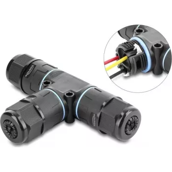 Delock T-veida kabeļa savienotājs, 3-pin spailes, IP68 ūdensnecaurlaidīgs, kabeļa diametram 5-9 mm, iekļauti blīvējumi 9-12 mm, bez instrumentiem, melns (87244)