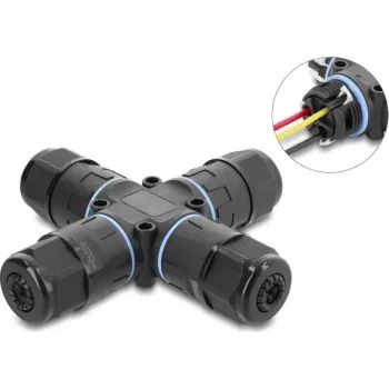 Delock X-Shape kabeļa savienotājs ar skrūvju spailēm, 3 kontakti, IP68 ūdensizturīgs, kabeļa diametram 5 - 9 mm, iekļauti blīvējumi 9 - 12 mm, bezinstrumentu montāža, melns (87247)