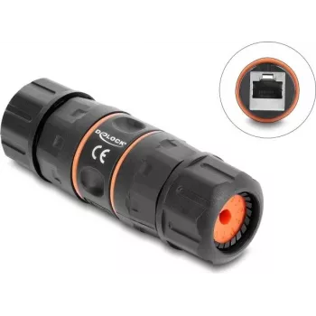 Delock RJ45 sieviešu uz RJ45 sieviešu kabeļa savienotājs Cat.6A ar M23.5 x 1.5 mm vītni, īss dizains, IP68 putekļu un ūdensnecaurlaidīgs