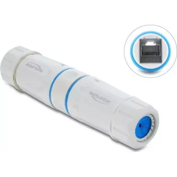 Delock RJ45 sievišķais uz RJ45 sievišķo savienotājs Cat.6A ar M23.5 x 1.5 mm vītni IP68 putekļu un ūdens necaurlaidīgs balts (90661)