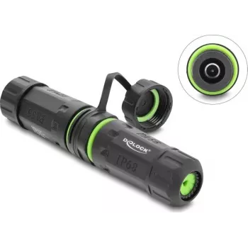 Delock DC Power Connector Coupler 5.5 x 2.1 mm Female to Female ar M20 x 1.5 mm vītni un blīvējuma vāciņu, korpuss saderīgs ar Starlink, IP68 putekļu un ūdens necaurlaidīgs (87180)