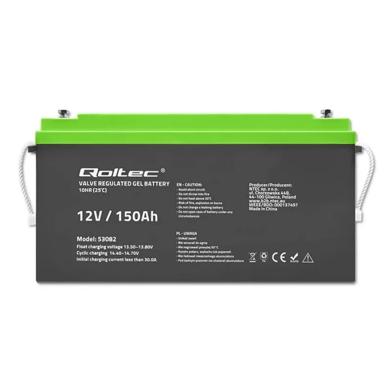 Qoltec 12V 150Ah Gel Battery (GEL) - VRLA, Maintenance-Free, 41.8kg