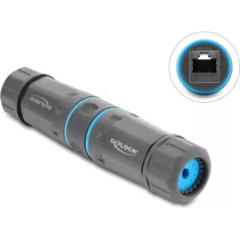 Delock RJ45 sievišķais-sievišķais savienotājs Cat.6A ar M23.5 x 1.5 mm vītni IP68 putekļu un ūdensizturīgs pelēks