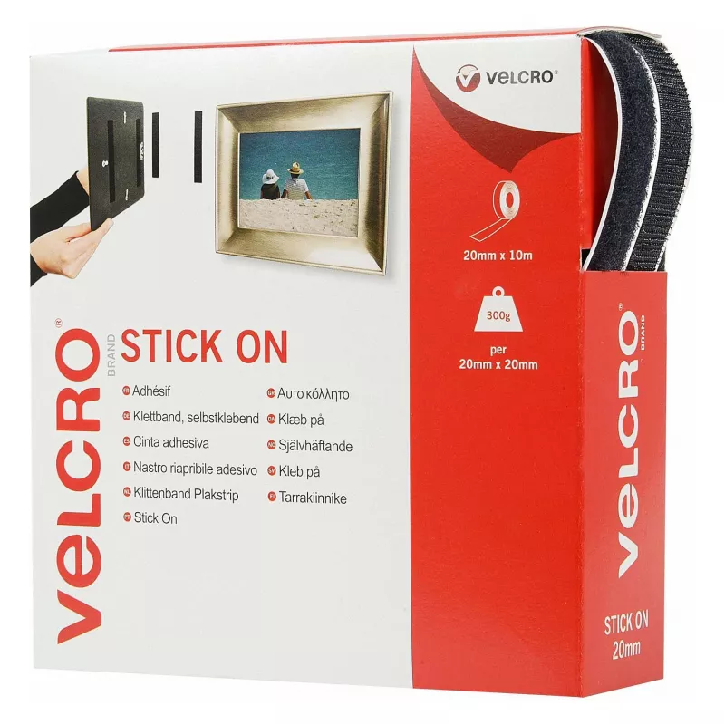 VELCRO Pašlīmējošā Āķu un Cilpu Lente 20mm x 10m Melna