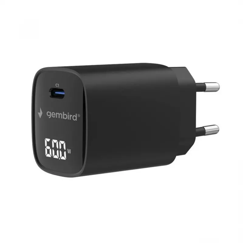 Gembird TA-UC-1C-PD60LCD-01-BK 60W USB Type-C Fast Charger ar LCD displeju, melns