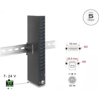 Delock Industrial Hub 16 x USB 5 Gbps Type-A ar 8 kV ESD aizsardzību un DIN sliežu montāžu (60793)
