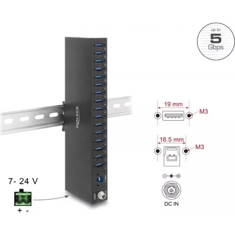 Delock Industrial Hub 16 x USB 5 Gbps Type-A ar 8 kV ESD aizsardzību un DIN sliežu montāžu (60793)