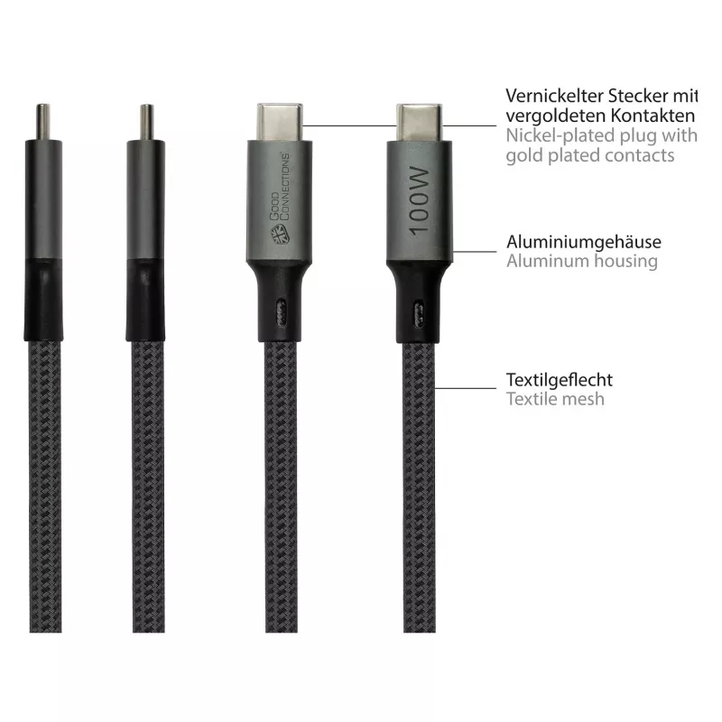 GoodConnections USB-C 4.0 (ST-ST) 1m Braided Cable 100W 8K 30Hz Anthracite