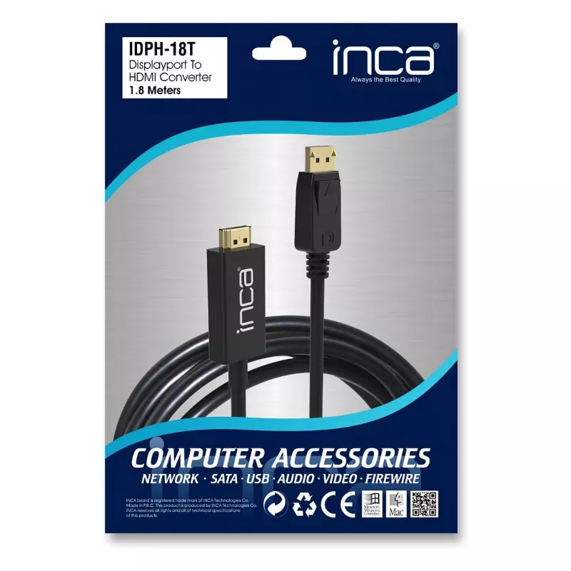 INCA DisplayPort to HDMI kabelis 1,8 m 10,2 Gbit/s Melns