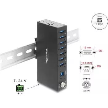 Delock Industrial Hub 7 x USB 5 Gbps Type-A ar 8 kV ESD aizsardzību un DIN sliežu montāžu