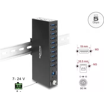 Delock Industrial Hub 10 x USB 5 Gbps Type-A ar 8 kV ESD aizsardzību un DIN sliedes montāžu (60792)