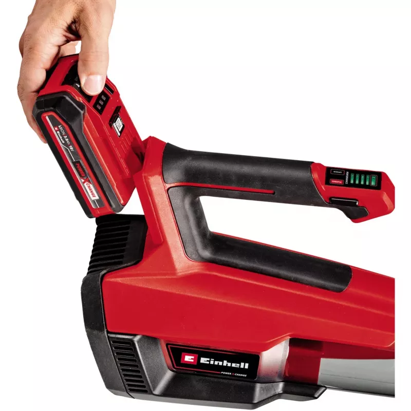 Einhell GP-LB 18/200 Bezvadu lapu pūtējs 200 km/h, Bezsuku motors, Power X-Change, Melns/Sarkans/Sudrabs