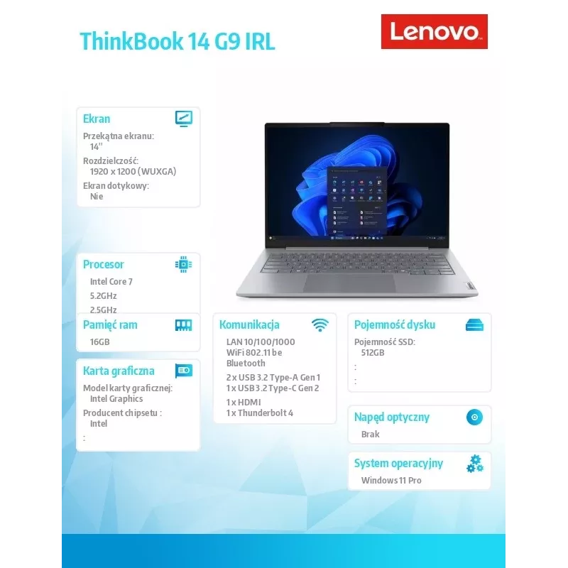 Piezīmjdators Lenovo ThinkBook 14 G9 IRL Intel Core 7 240H 16GB 512GB SSD 14,0 collu WUXGA Arctic Grey Windows 11 Pro 3Y Onsite + 1Y CID + CO2 Offset