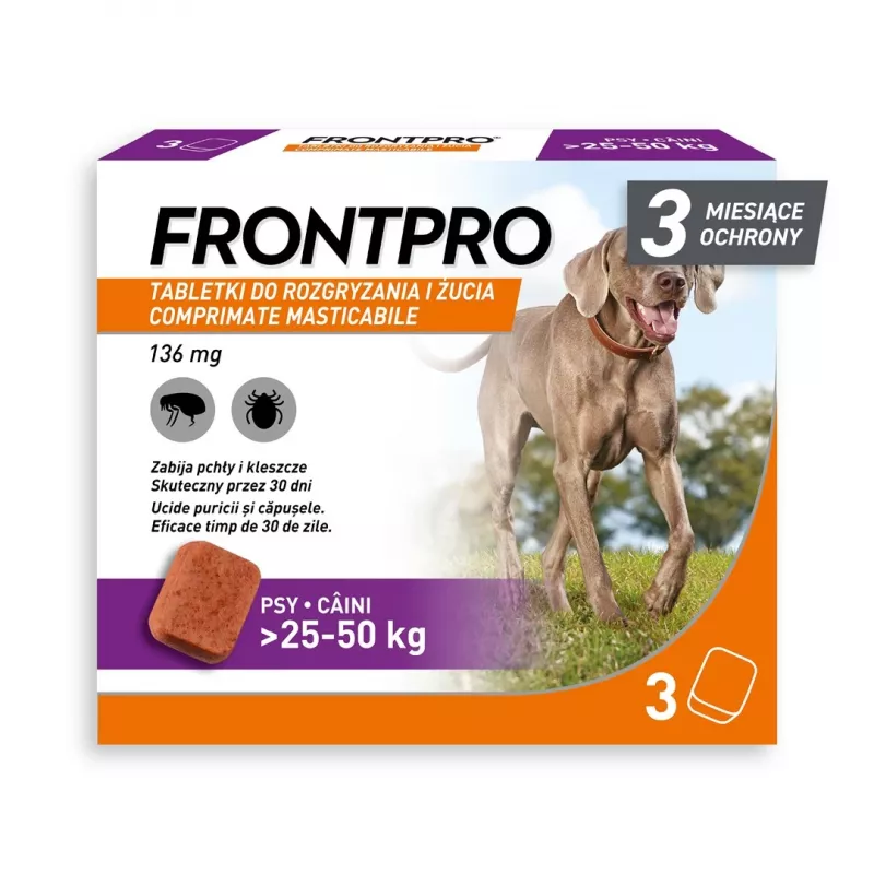 FRONTPRO Blusu un ērču tabletes suņiem (25-50 kg) - 3x 136 mg Afoxolaner košļājamās tabletes