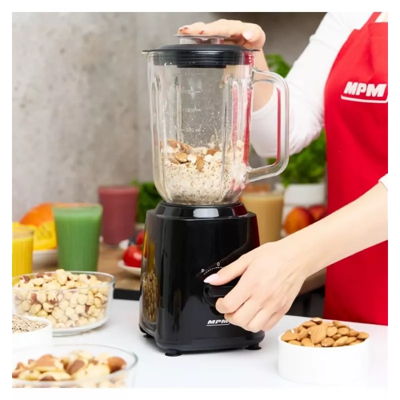 MPM MBL-37 Blenderis, 500 W, 1,5 L stikla trauks, nerūsējošā tērauda asmens, 2 ātrumi, impulsa funkcija, ledus drupināšana, melns