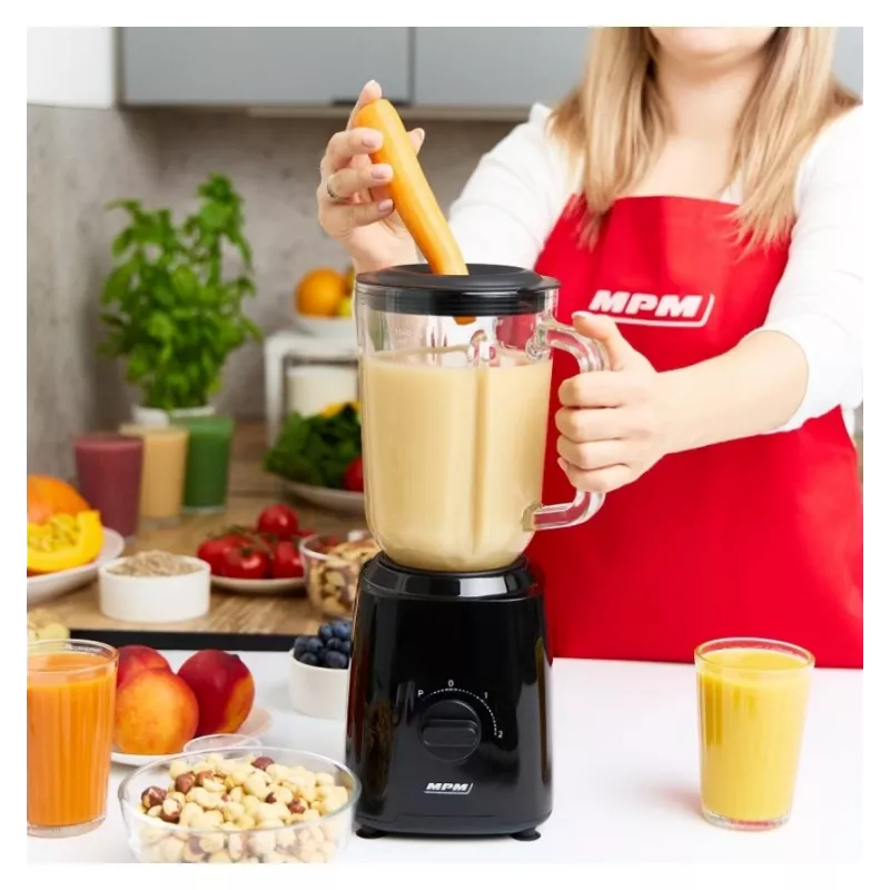 MPM MBL-37 Blenderis, 500 W, 1,5 L stikla trauks, nerūsējošā tērauda asmens, 2 ātrumi, impulsa funkcija, ledus drupināšana, melns