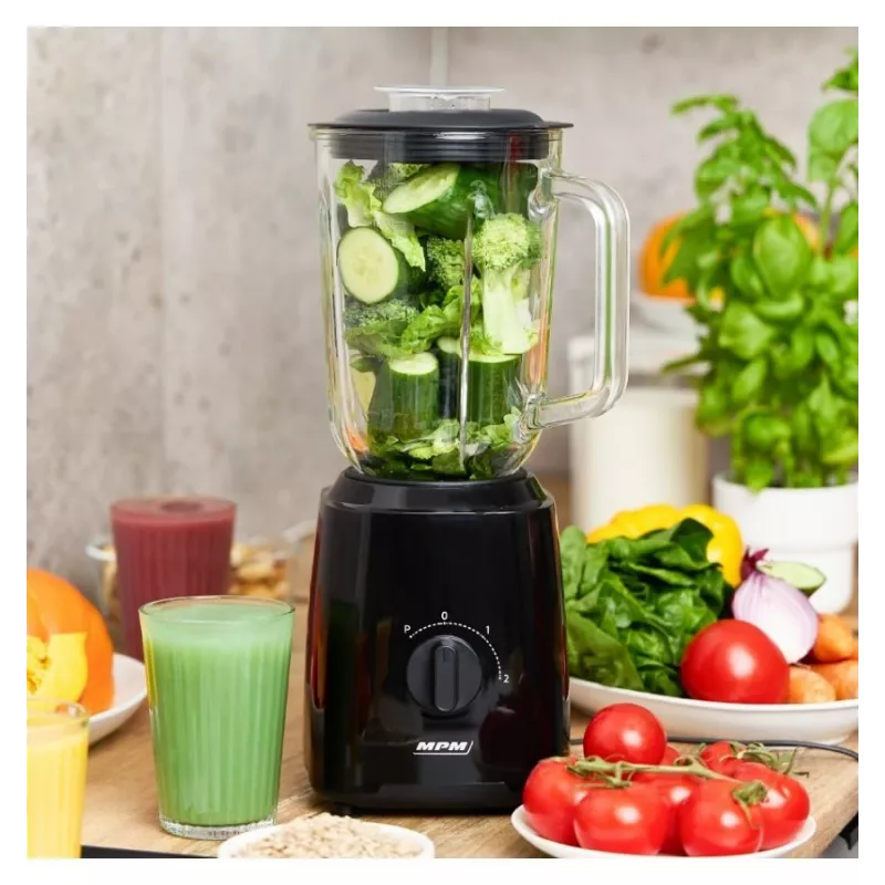 MPM MBL-37 Blenderis, 500 W, 1,5 L stikla trauks, nerūsējošā tērauda asmens, 2 ātrumi, impulsa funkcija, ledus drupināšana, melns