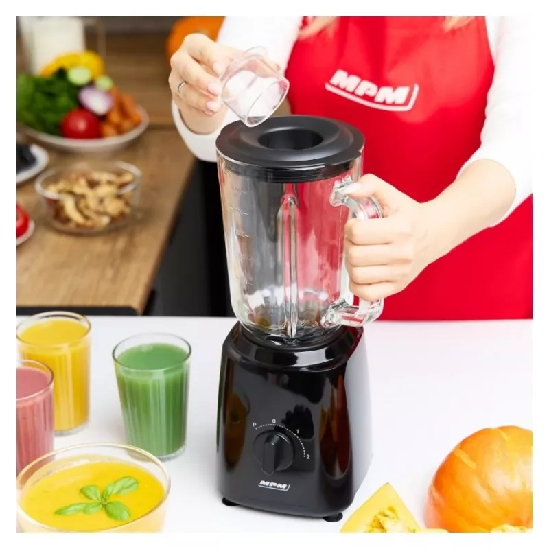 MPM MBL-37 Blenderis, 500 W, 1,5 L stikla trauks, nerūsējošā tērauda asmens, 2 ātrumi, impulsa funkcija, ledus drupināšana, melns