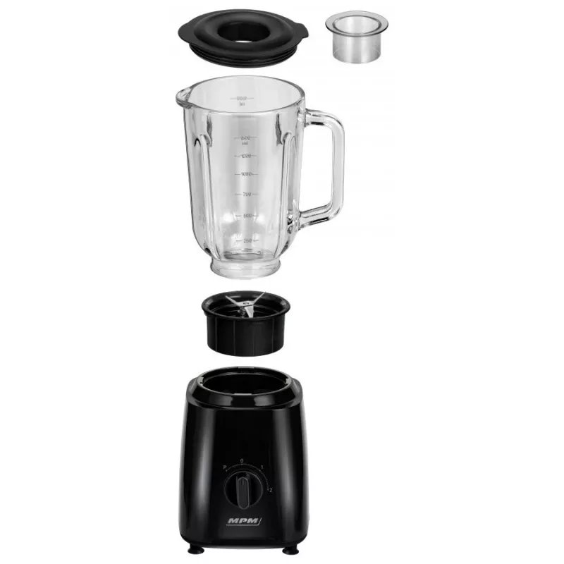 MPM MBL-37 Blenderis, 500 W, 1,5 L stikla trauks, nerūsējošā tērauda asmens, 2 ātrumi, impulsa funkcija, ledus drupināšana, melns