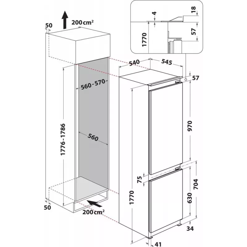 Whirlpool WHC18D071A1 Iebūvējamais ledusskapis-saldētājs ar 6th Sense tehnoloģiju, 250 L kopējā ietilpība, energoklase D, balts