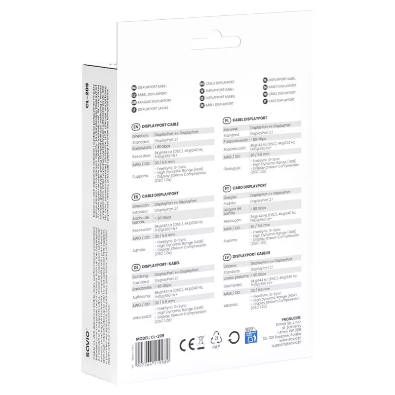 SAVIO CL-209 DisplayPort 2.1 kabelis 1m Melns