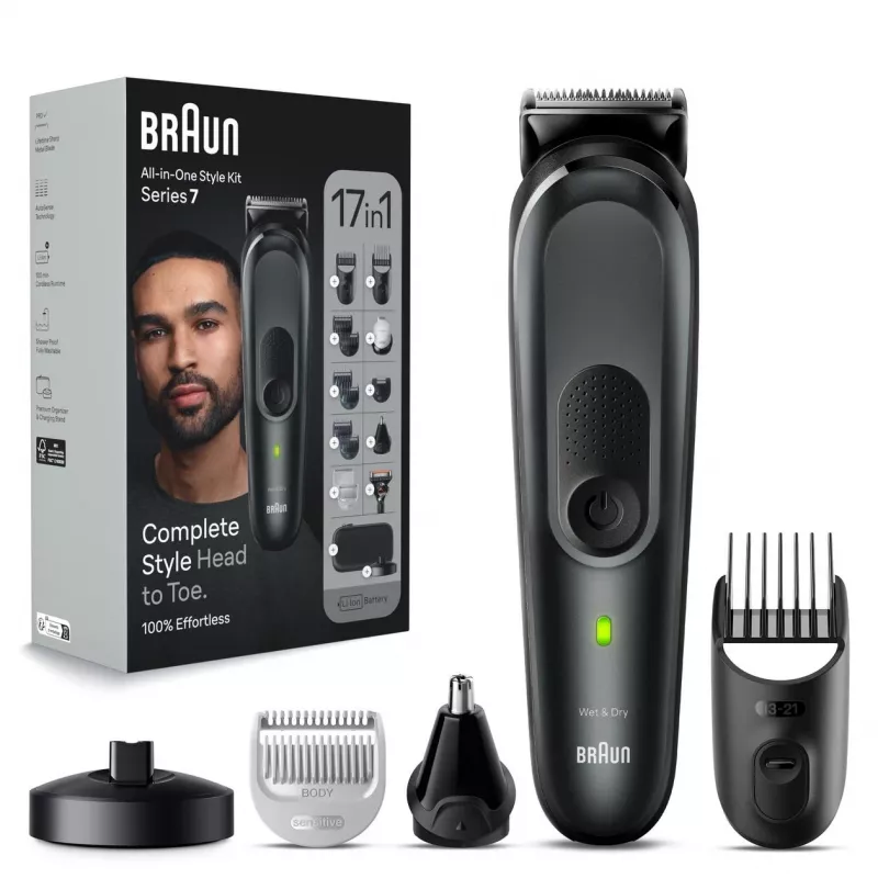 Braun MGK7491 17-in-1 Multi-Grooming Style Kit, Melns/Sudrabs, Bezvadu, Li-Ion, 100 min darbības laiks