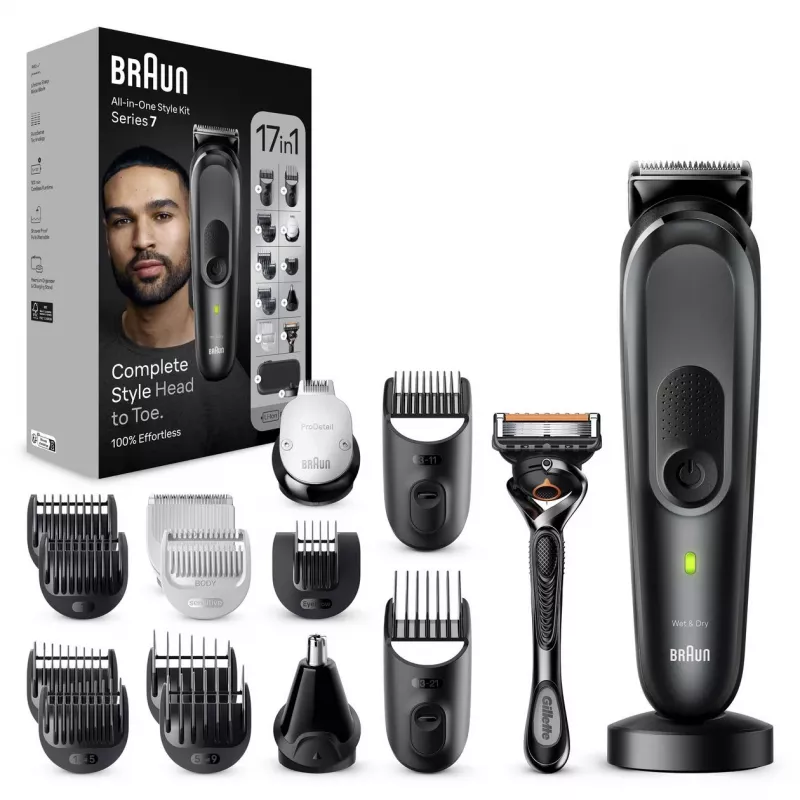 Braun MGK7491 17-in-1 Multi-Grooming Style Kit, Melns/Sudrabs, Bezvadu, Li-Ion, 100 min darbības laiks