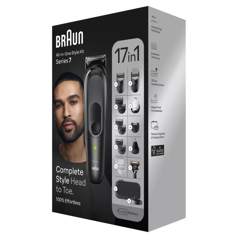 Braun MGK7491 17-in-1 Multi-Grooming Style Kit, Melns/Sudrabs, Bezvadu, Li-Ion, 100 min darbības laiks