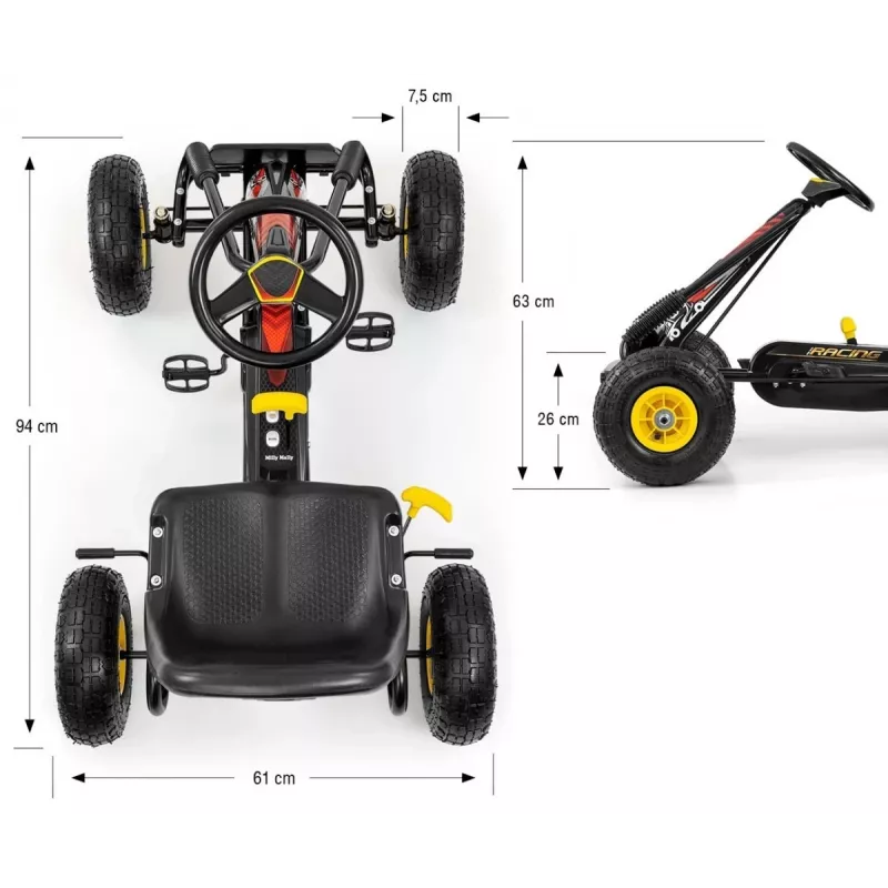 MILLY MALLY Pedāļu Go-Kart Thor Melns, Tērauda Rāmis, EVA Putu Riteņi, Rokas Bremze, Uz Priekšu/Atpakaļ, Bērniem 3-8 Gadi, Maks. Slodze 30 kg
